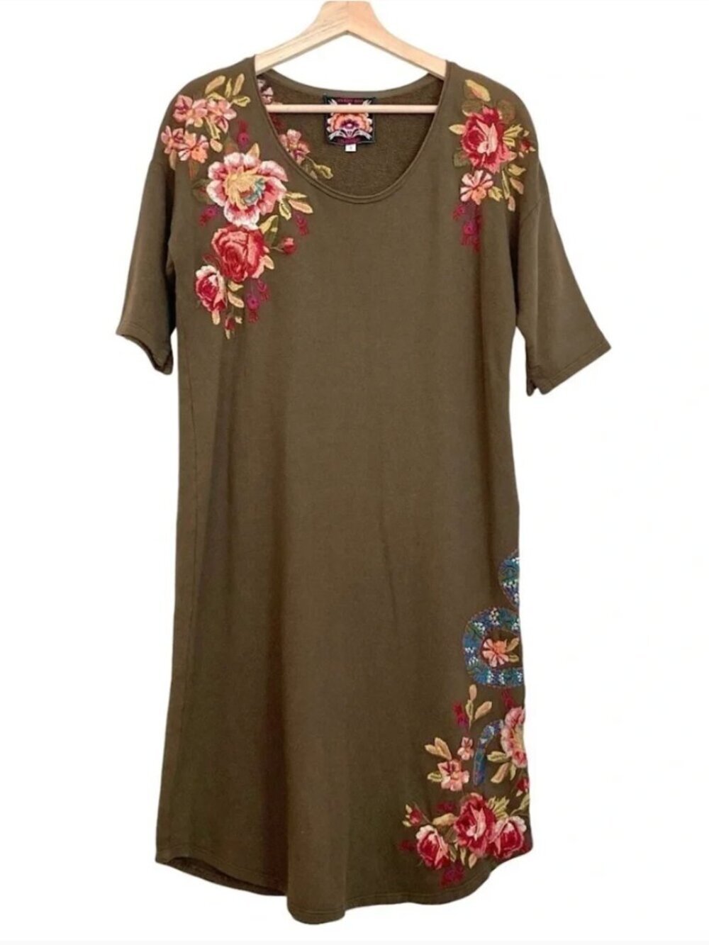 JOHNNY WAS Malui Floral Embroidered French Terry Sweatshirt Tunic Dress Brown - Picture 1 of 10